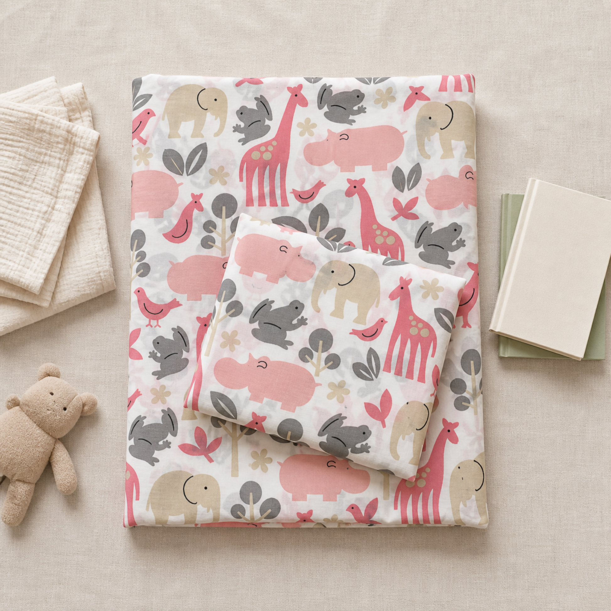 Safari Animals Sheet Set folded in a flat lay