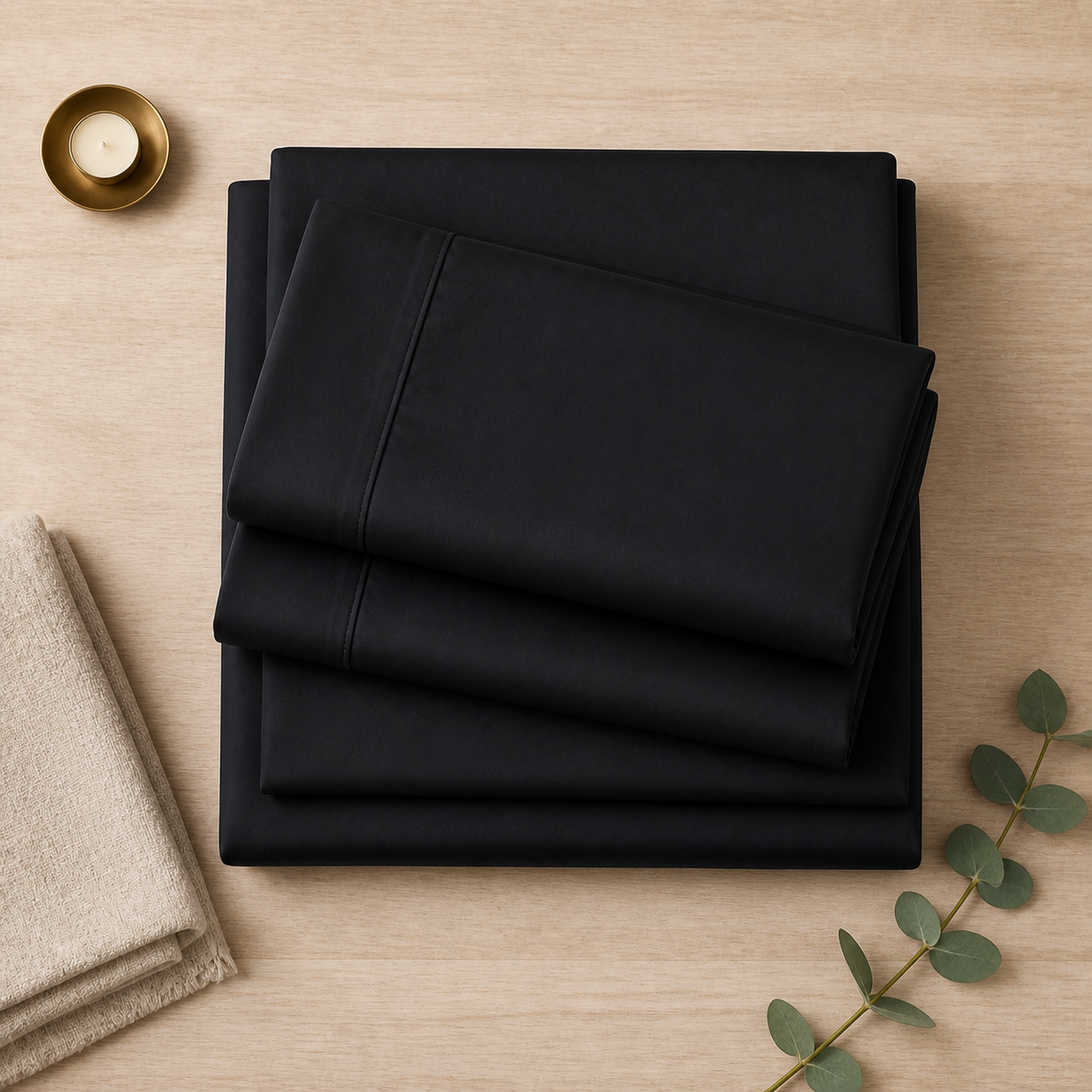 Overhead flat lay of the black percale Queen sheet set with folded sheets and pillowcases