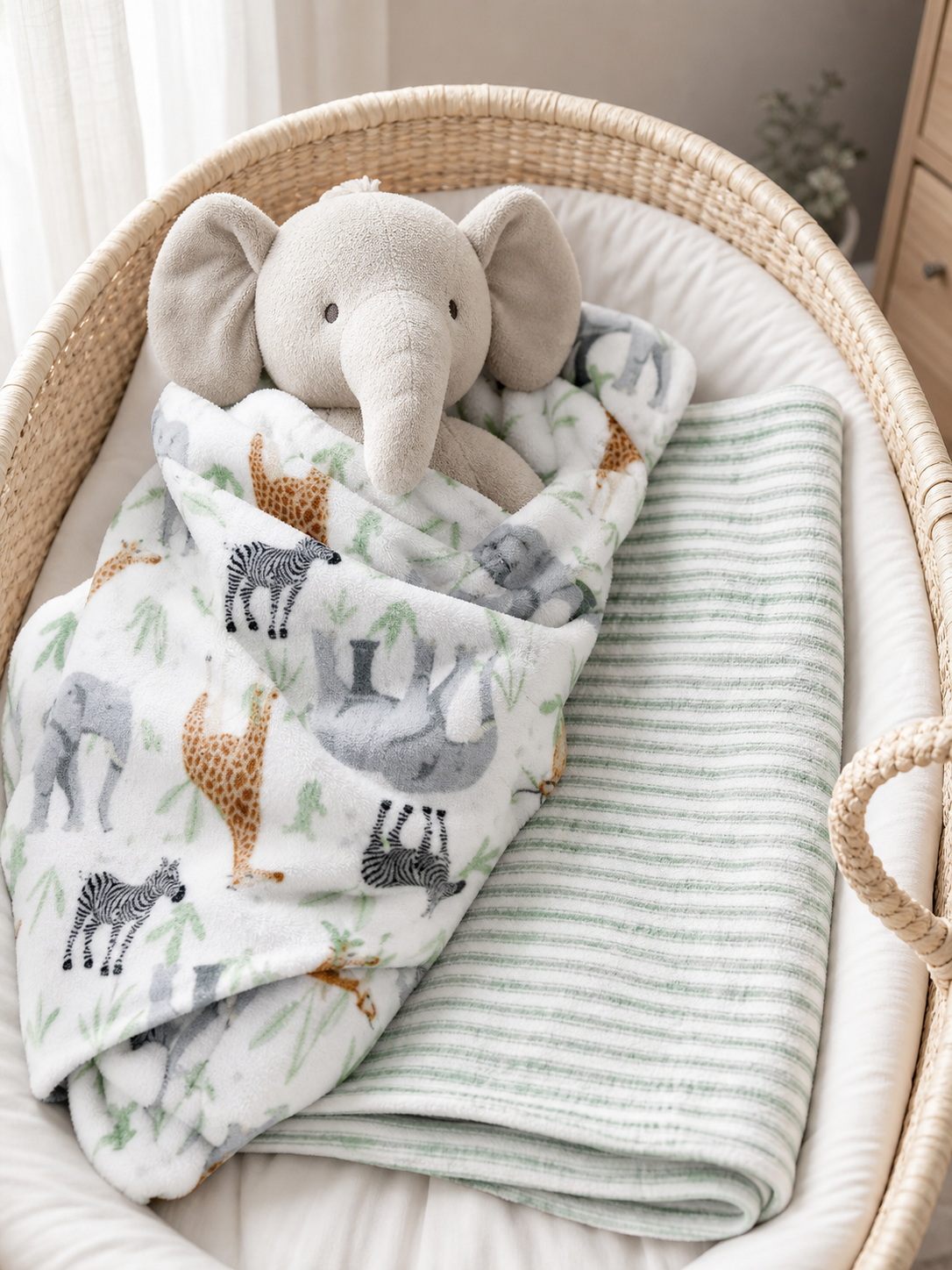 Sage safari baby blanket in a bassinet with a stuffed elephant