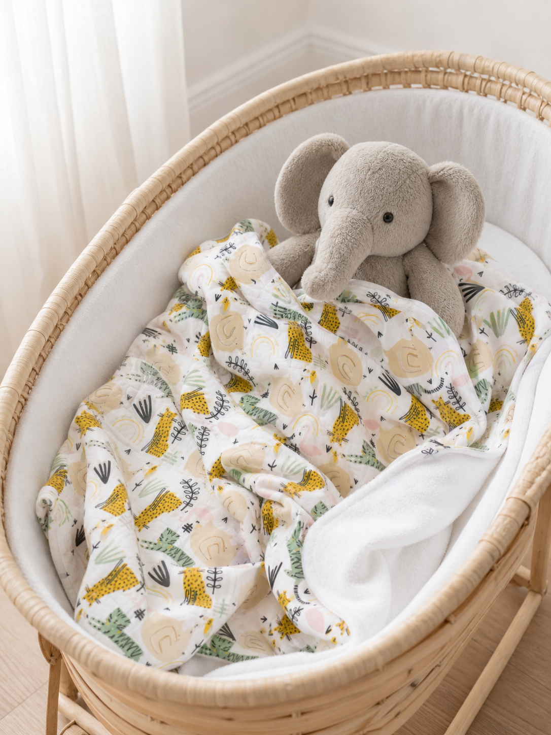 Tan safari baby blanket in a bassinet with a stuffed elephant