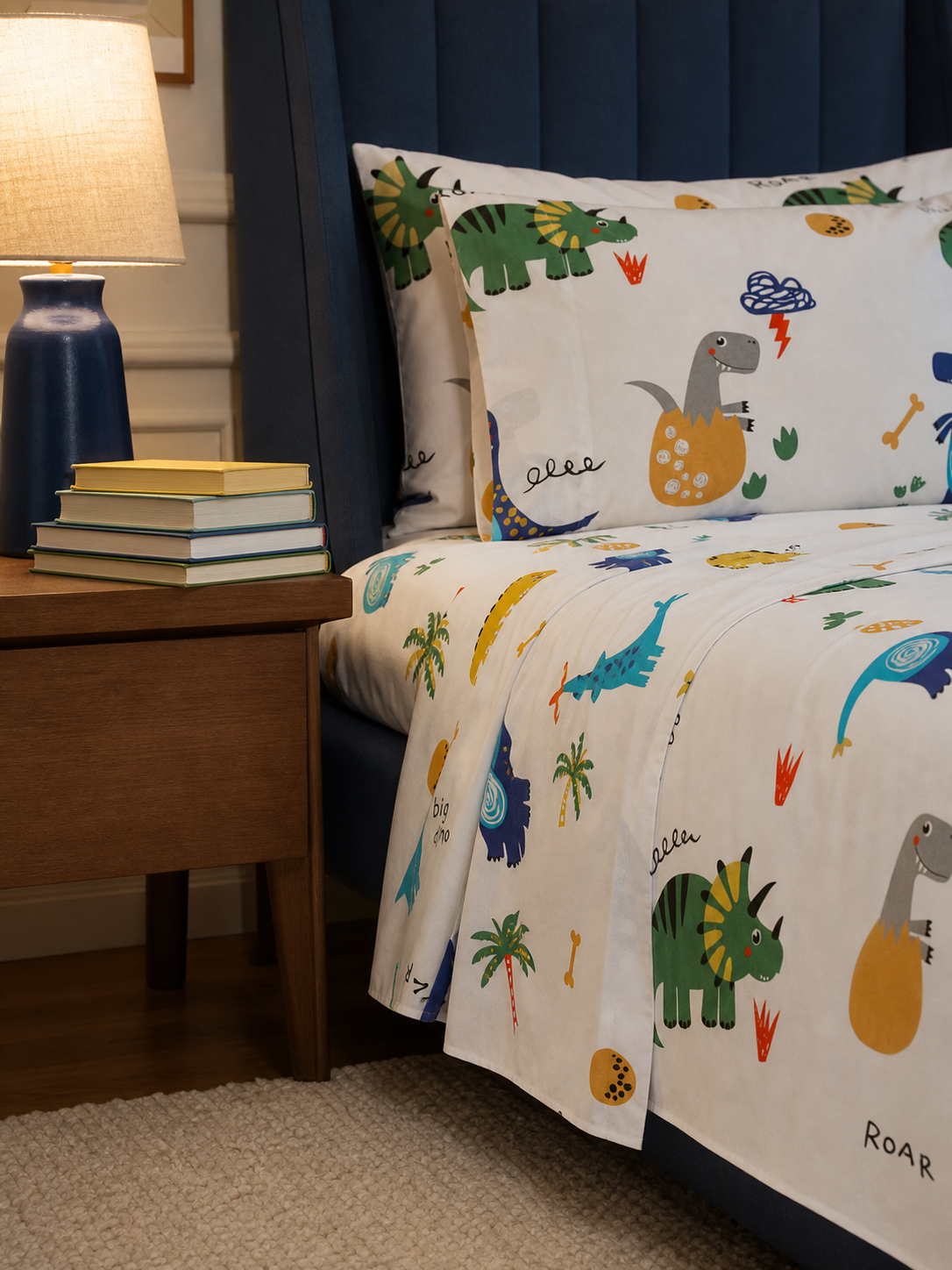 Dinosaur print bedding styled in a kid's bedroom