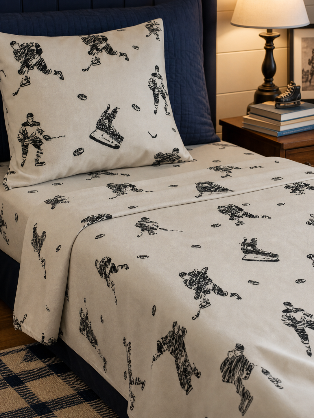 Hockey print flannel bedding styled in a kid's bedroom