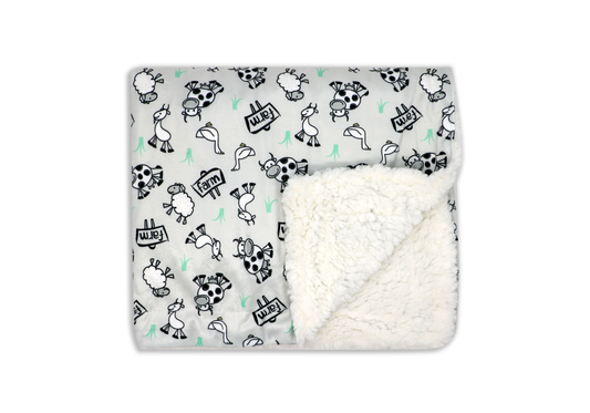 Grey farm pattern mink sherpa baby blanket