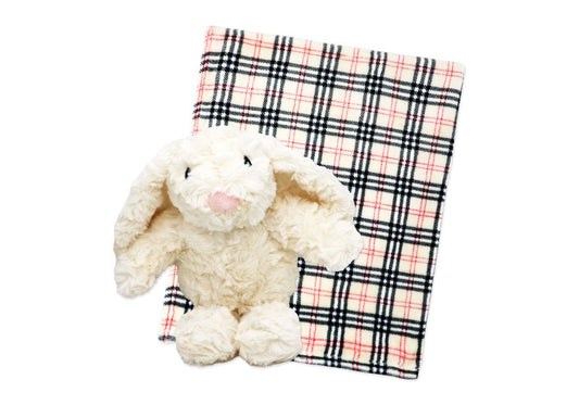 Tan bunny plush toy with matching baby blanket