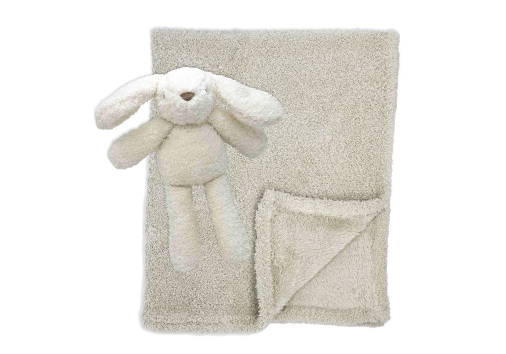 Ivory bunny chenille toy with matching baby blanket