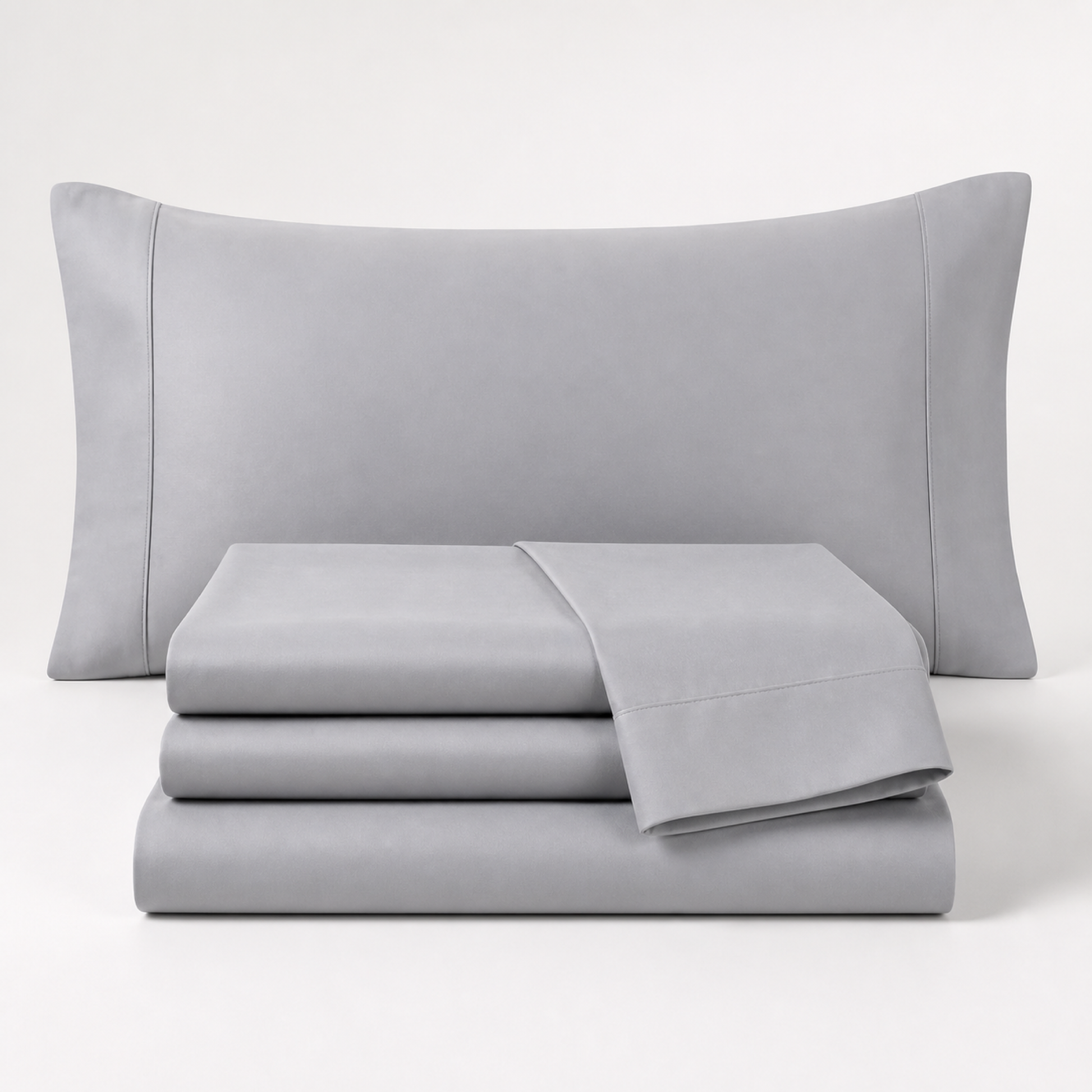 Included in the bundle: silver 600 thread count percale Twin XL sheet set, folded