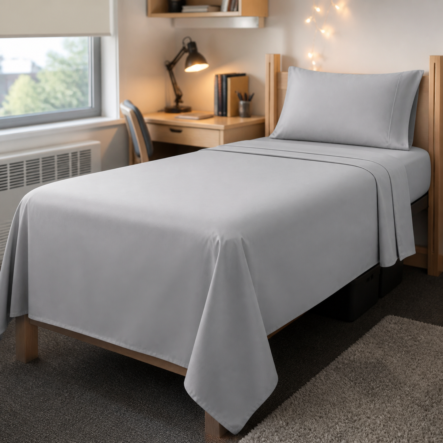 Silver 600 thread count percale Twin XL sheet set made up on a university residence bed