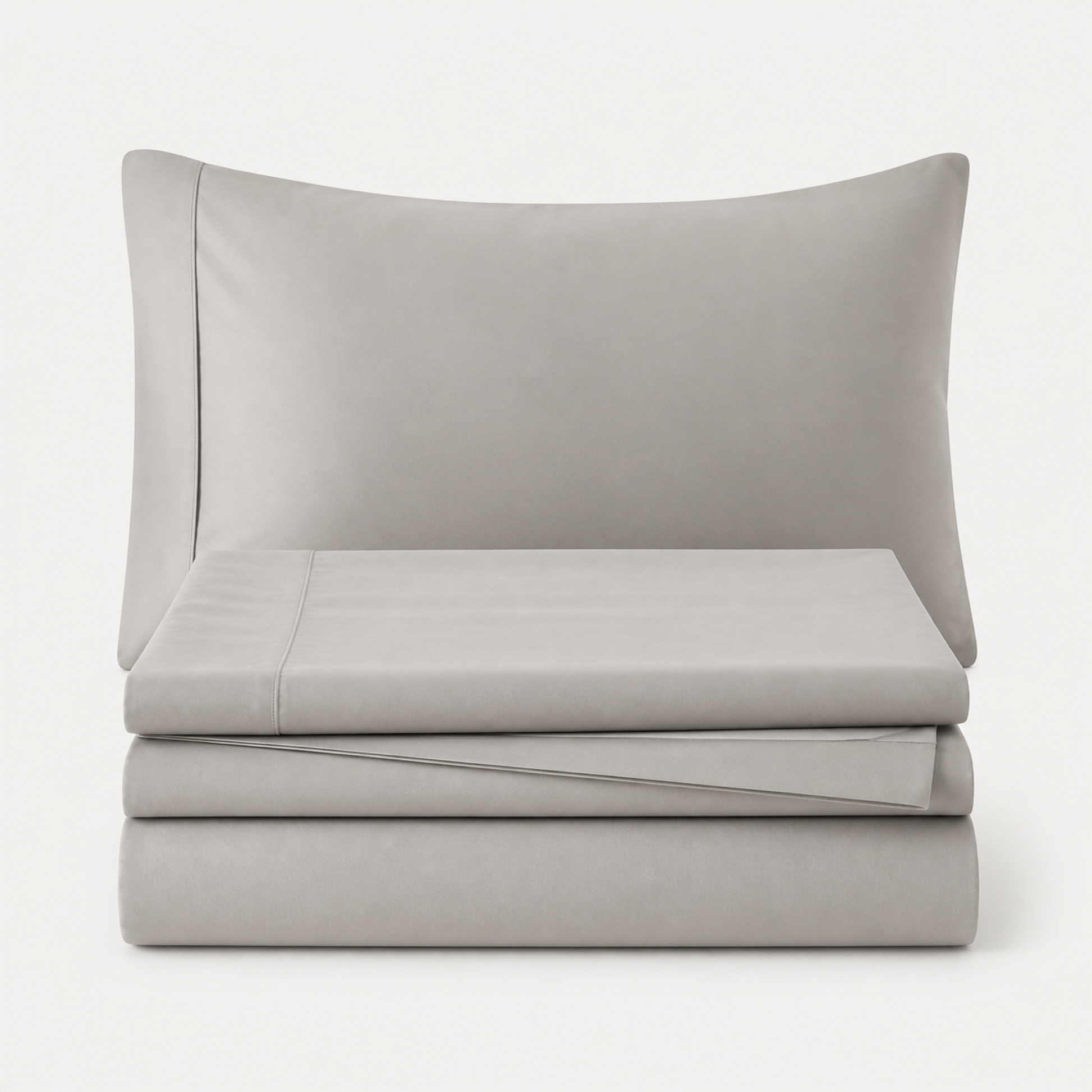 Taupe 600 thread count percale Twin XL sheet set folded and stacked with pillowcase on a white background