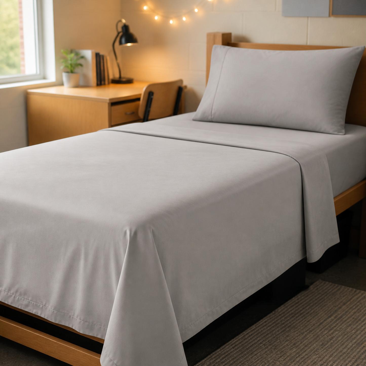 Taupe 600 thread count percale Twin XL sheet set made up on a university residence bed