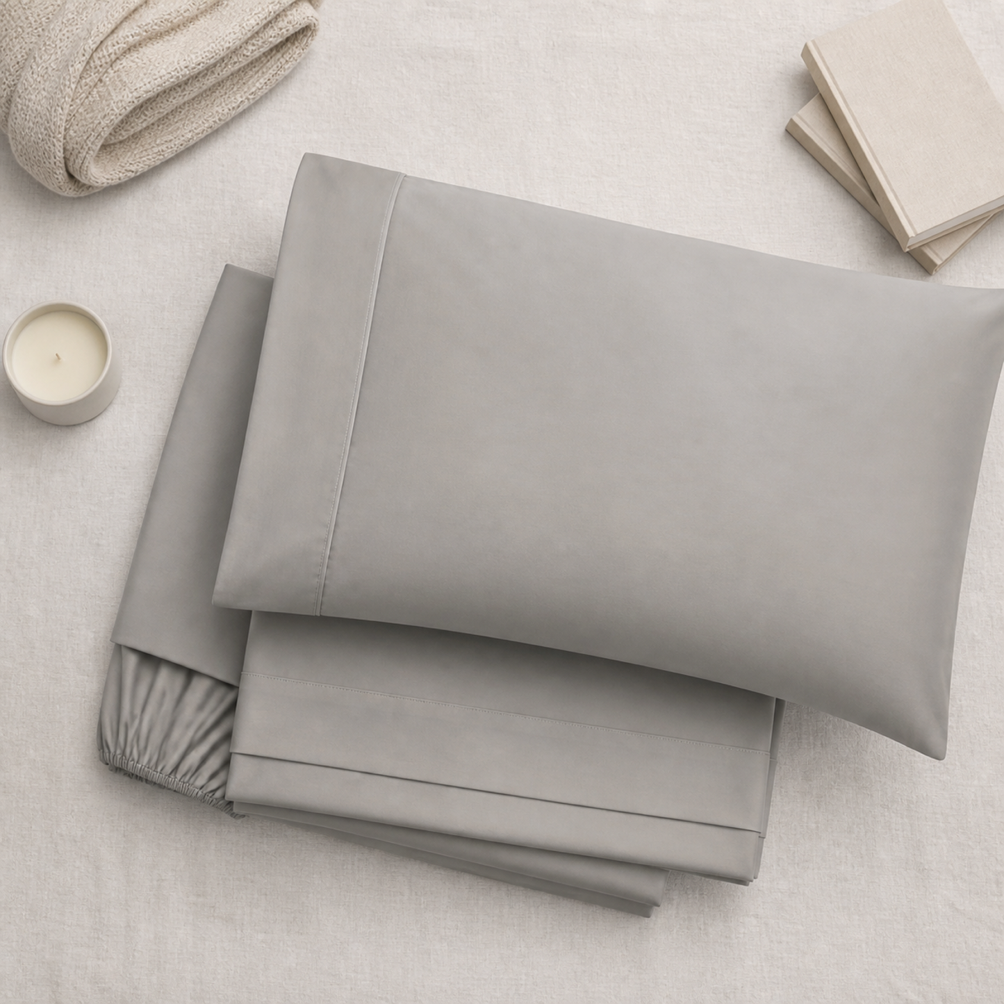 Flat lay of the taupe percale Twin XL sheet set with folded fitted sheet, flat sheet and pillowcase