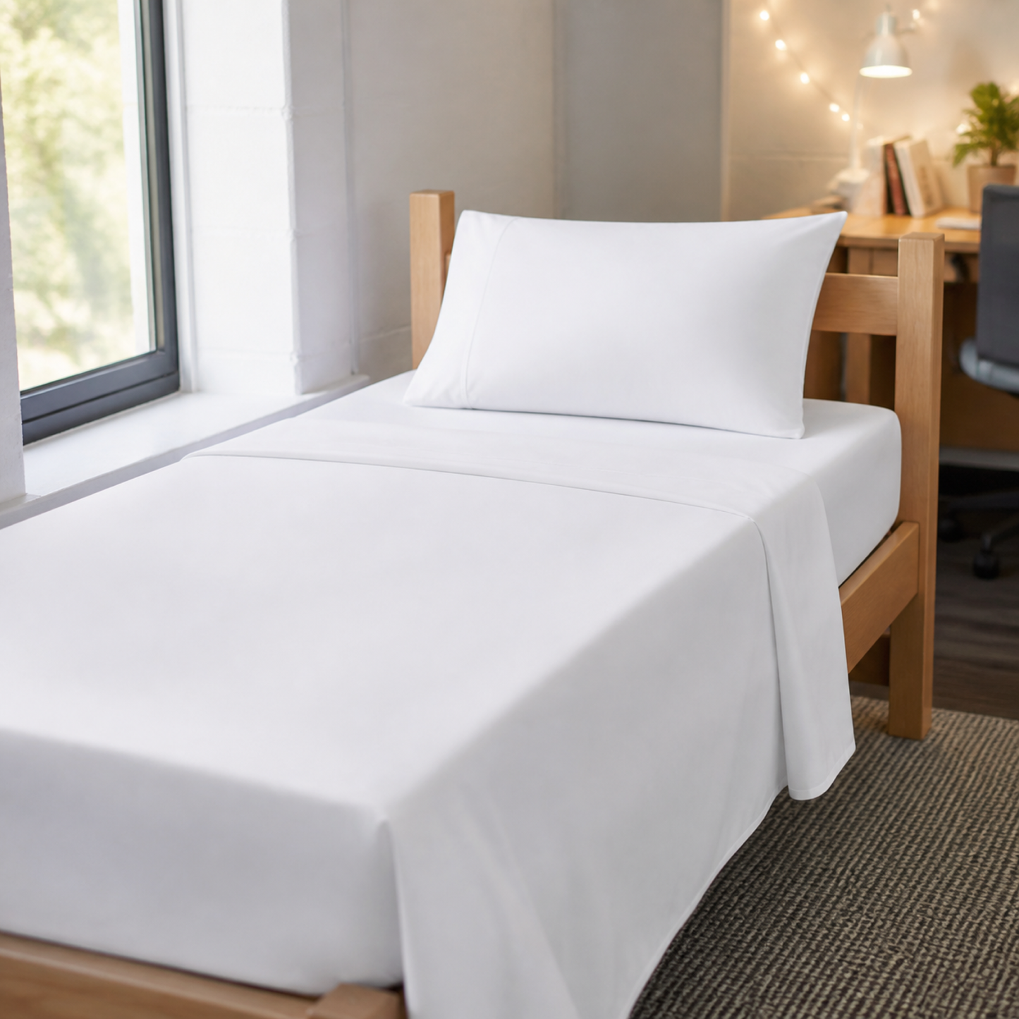White 600 thread count percale Twin XL sheet set made up on a university residence bed