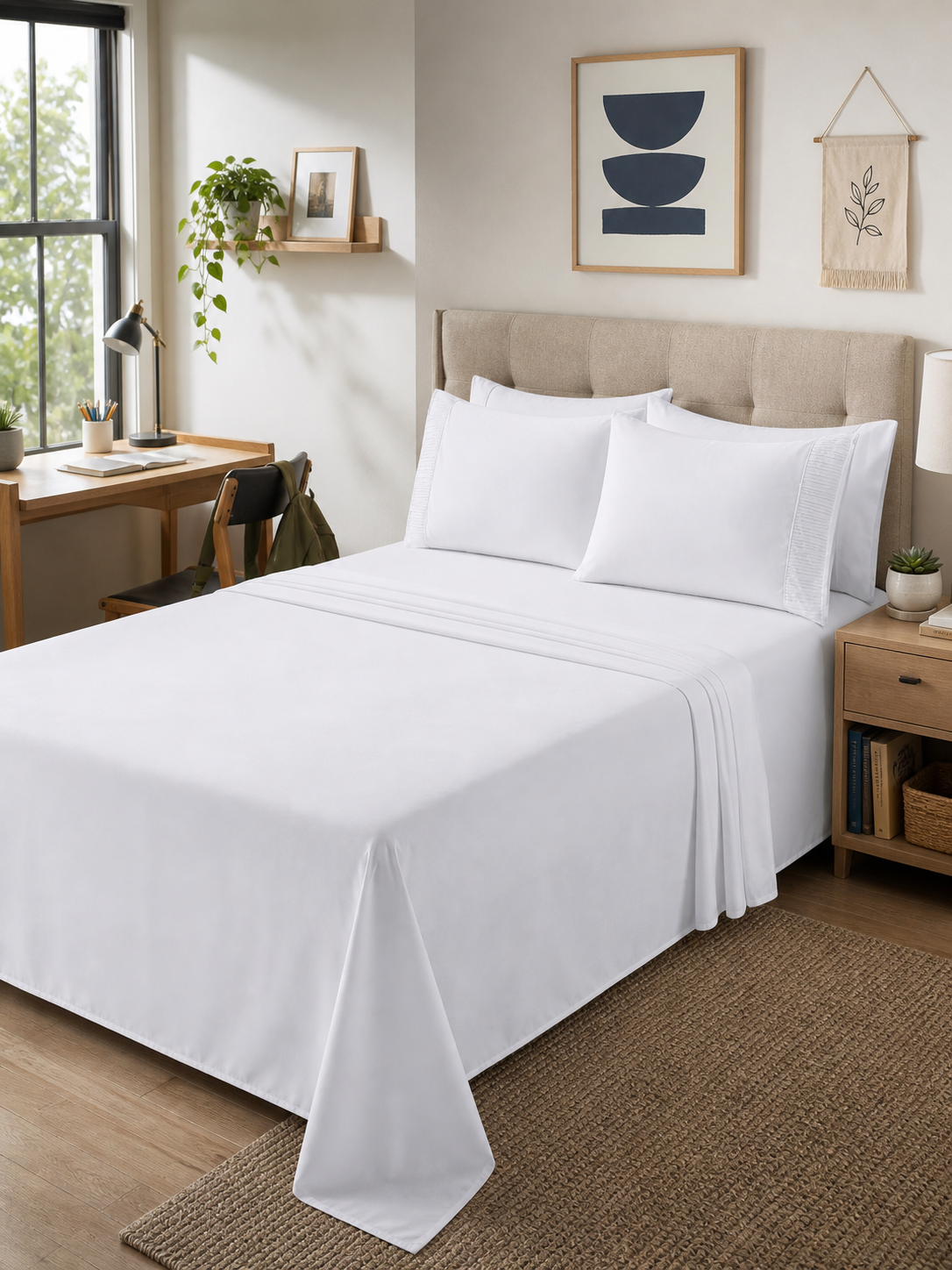 White 6-piece Queen sheet set made up on a bed