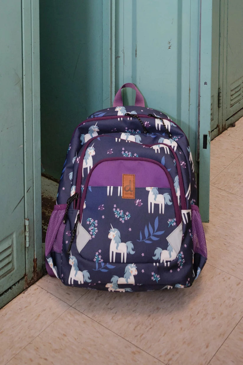 Blue unicorn print little kids backpack, front view