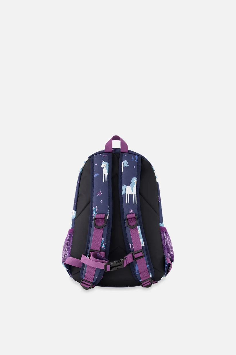 Side profile of the unicorn print preschool backpack