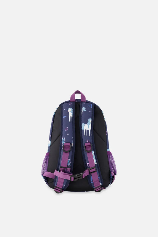 Side profile of the unicorn print preschool backpack
