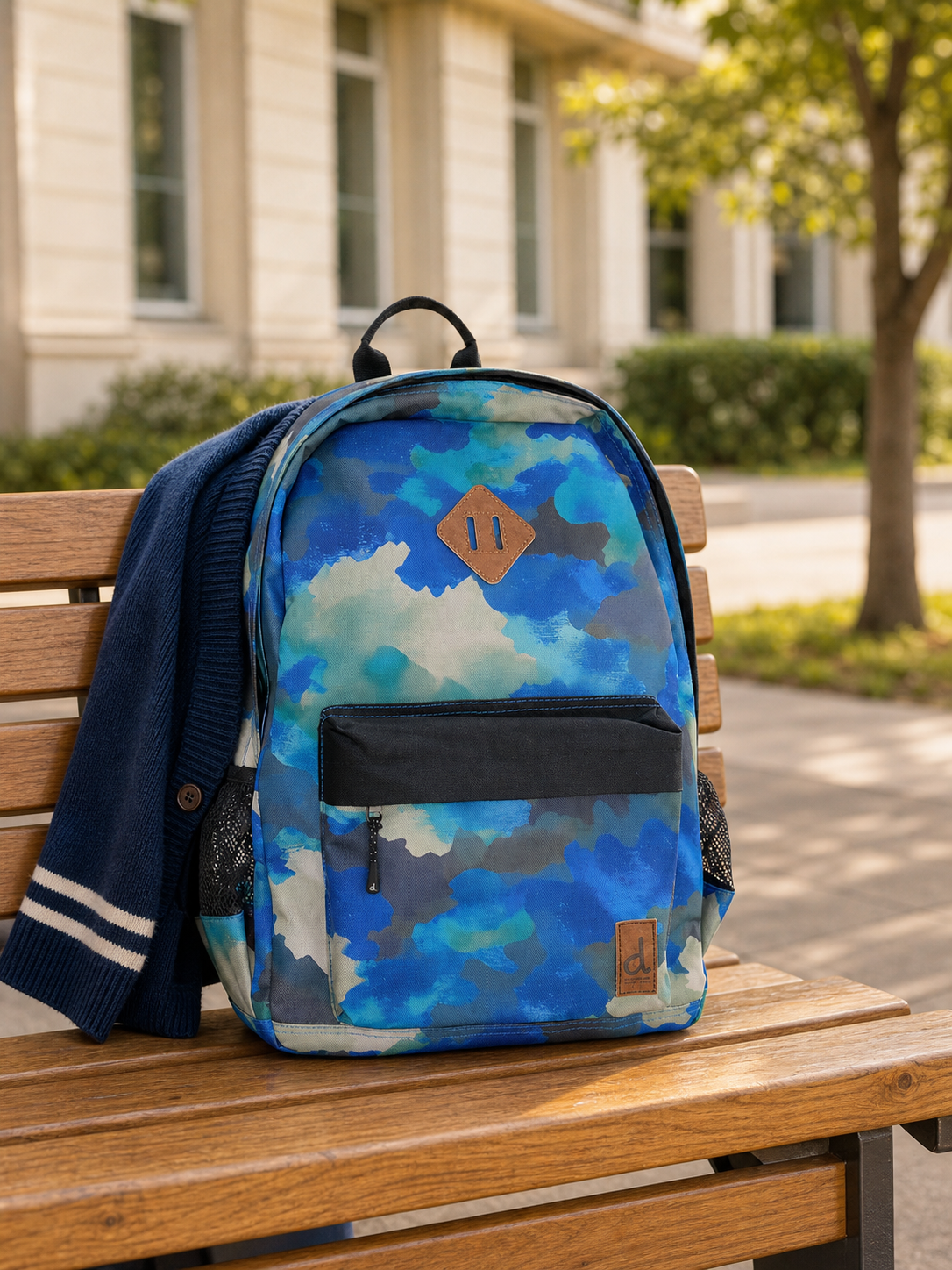 Camouflage kids backpack on a bench with a cardigan