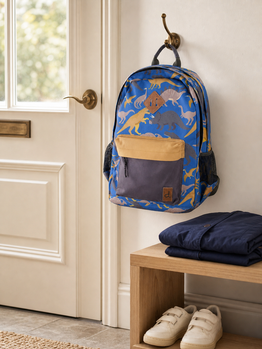 Blue dinosaur kids backpack on an entryway hook