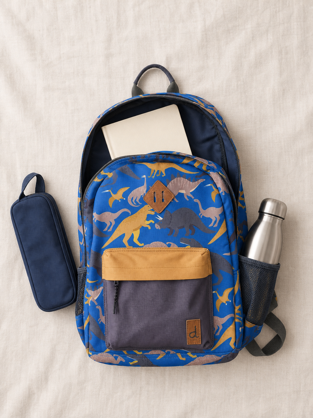 Flat lay of the blue dinosaur backpack with school supplies