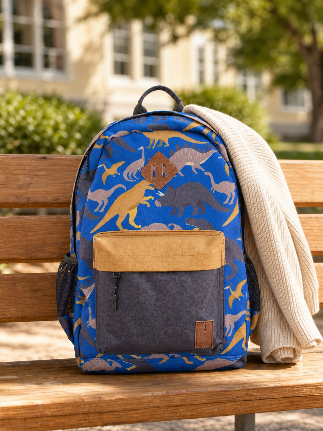 Blue dinosaur kids backpack on a bench