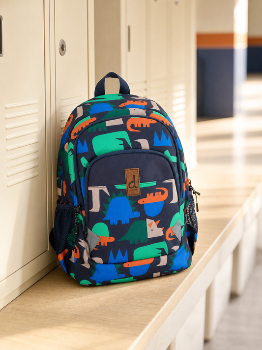 Navy dinosaur print little kids backpack on a school locker