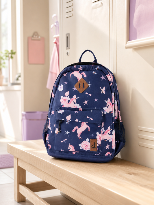 Navy unicorn print kids backpack hanging on a school locker
