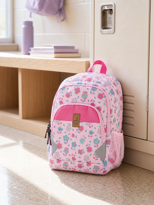 Pink floral print little kids backpack on a school locker