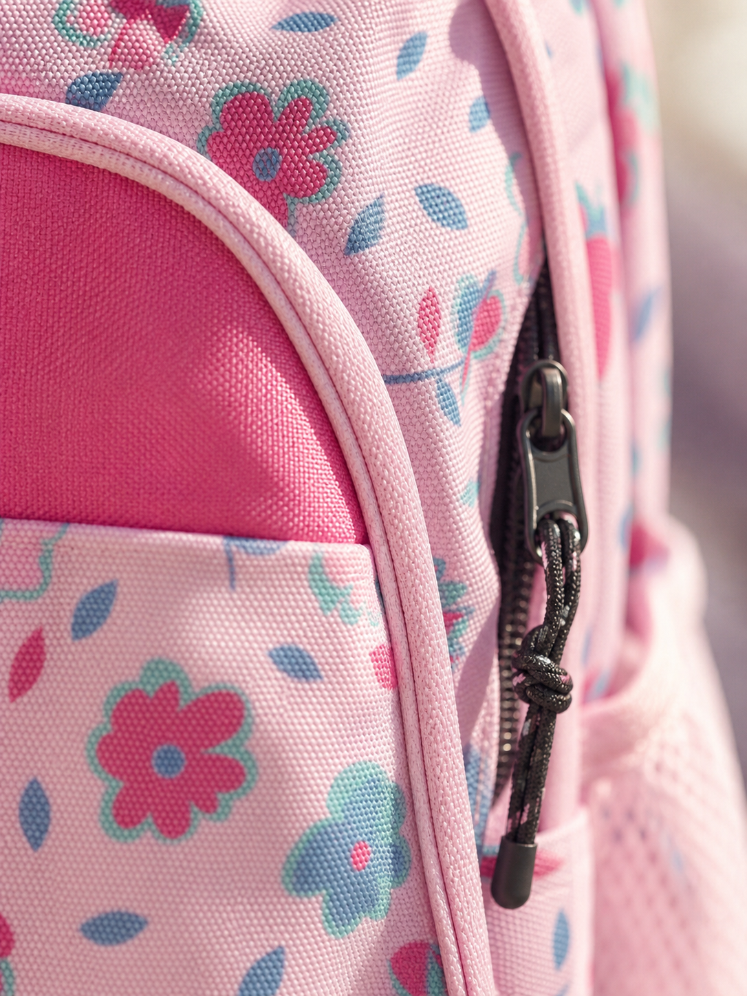 Macro texture detail of the pink flower print backpack fabric