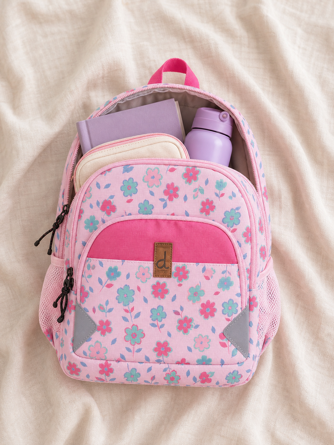 Flat lay of the pink floral backpack with school supplies