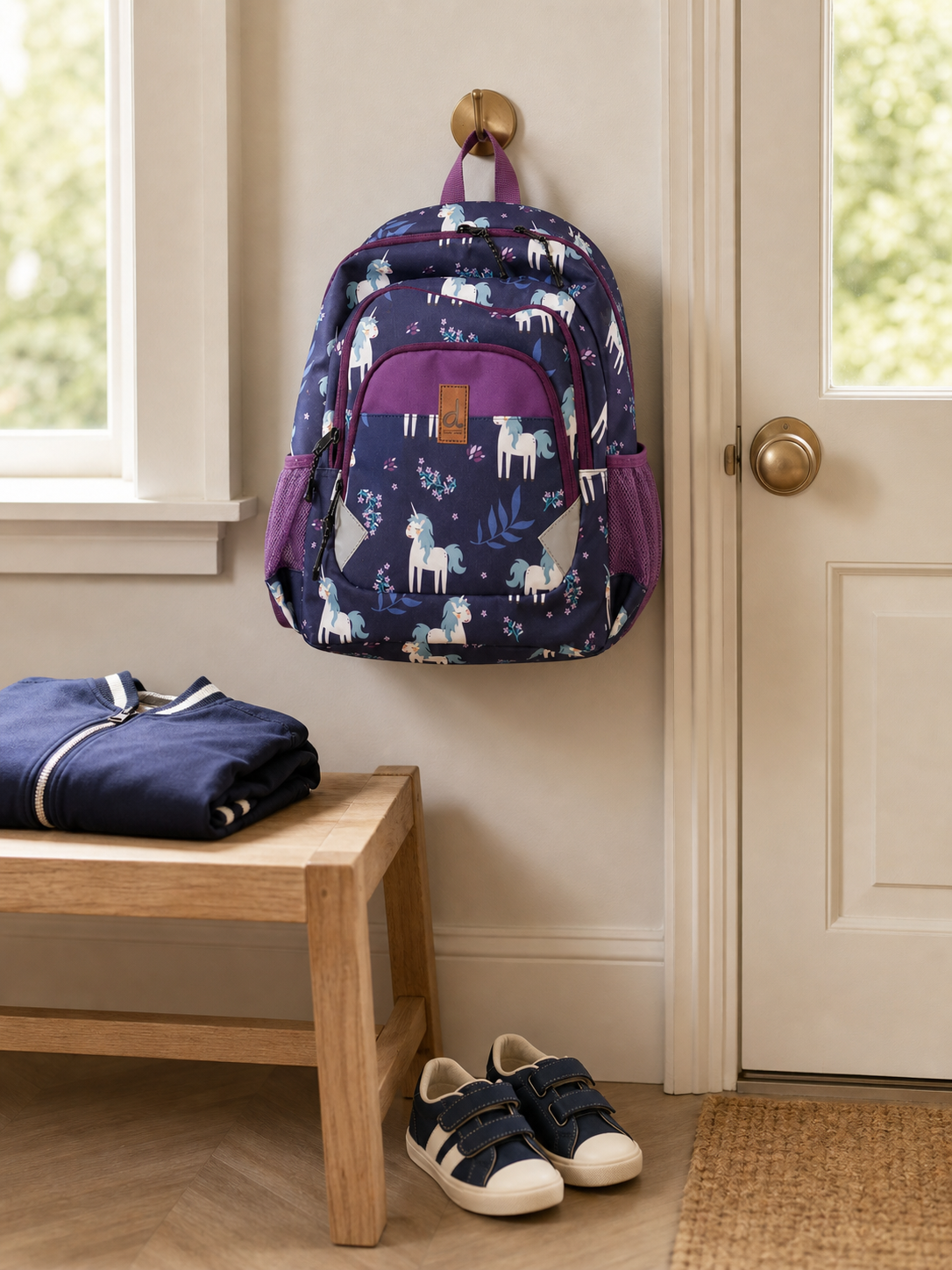 Unicorn print preschool backpack on an entryway hook
