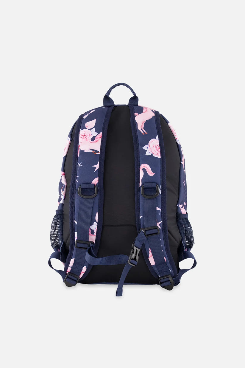 Front view of the navy unicorn print kids backpack
