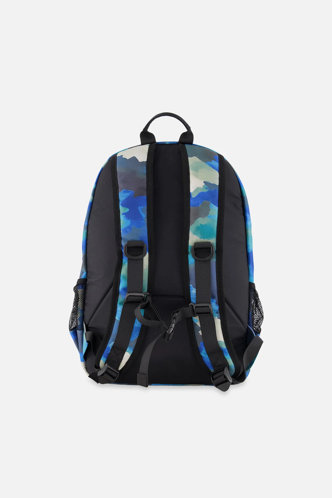 Front view of the blue and grey camouflage kids backpack