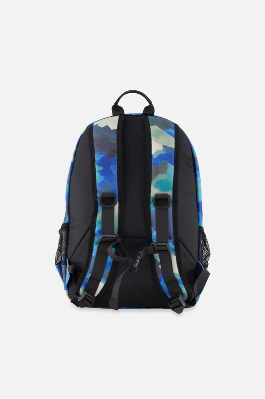 Front view of the blue and grey camouflage kids backpack
