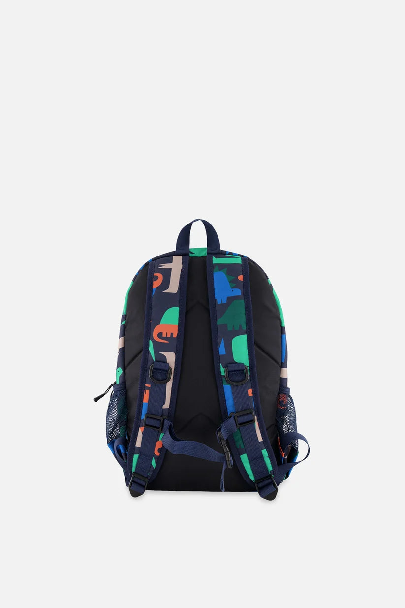 Front view of the navy dinosaur print little kids backpack