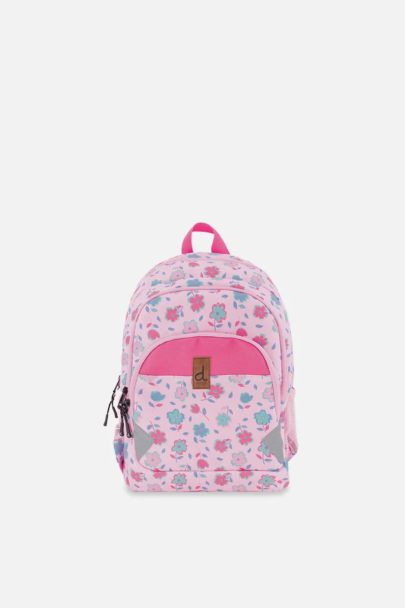 Front view of the pink printed flowers little kids backpack