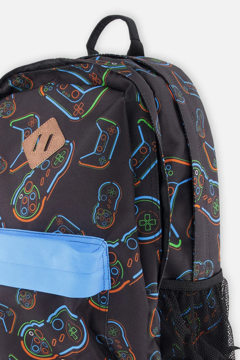 Front view of the black controller print kids backpack
