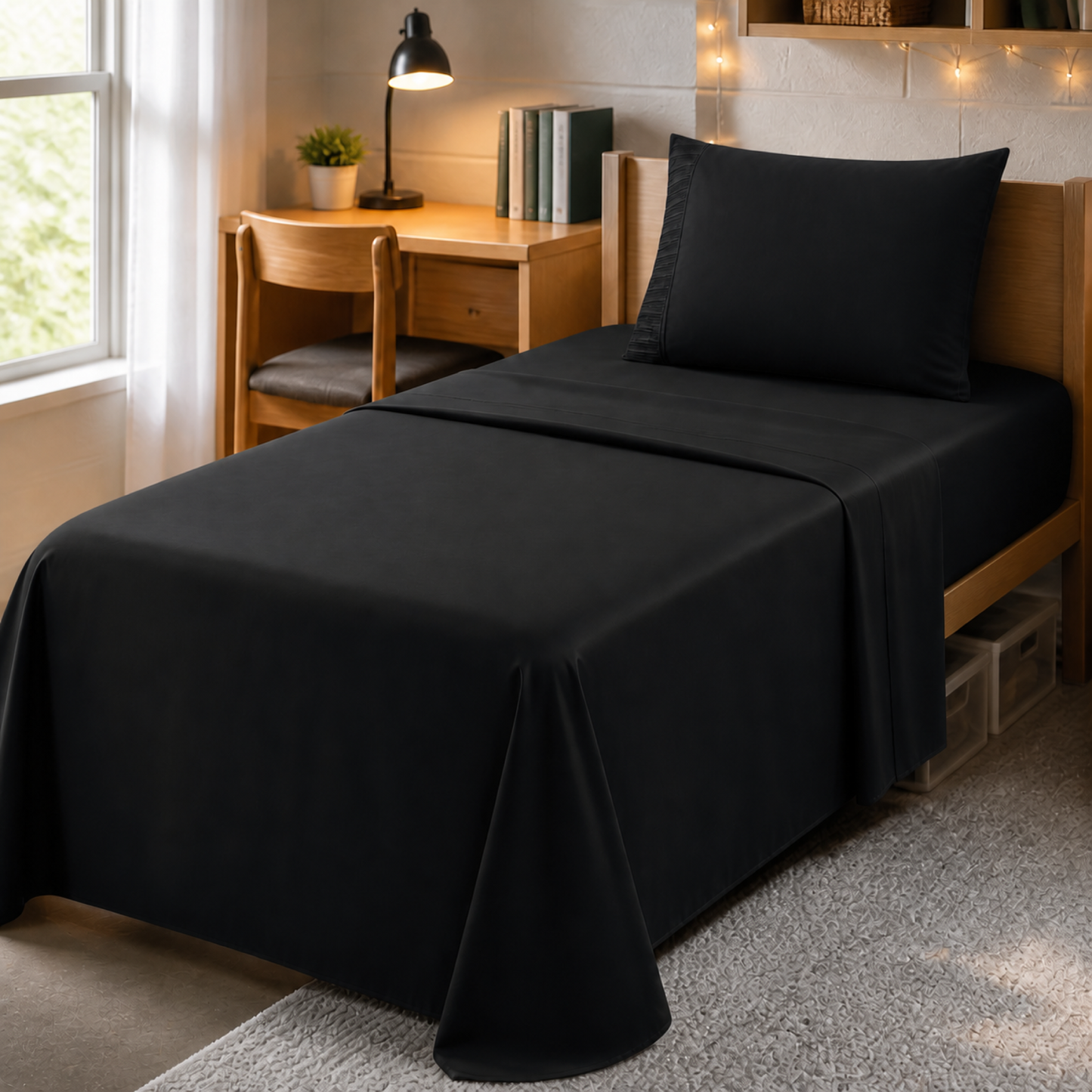 Black 4-piece Twin XL sheet set made up on a university residence bed