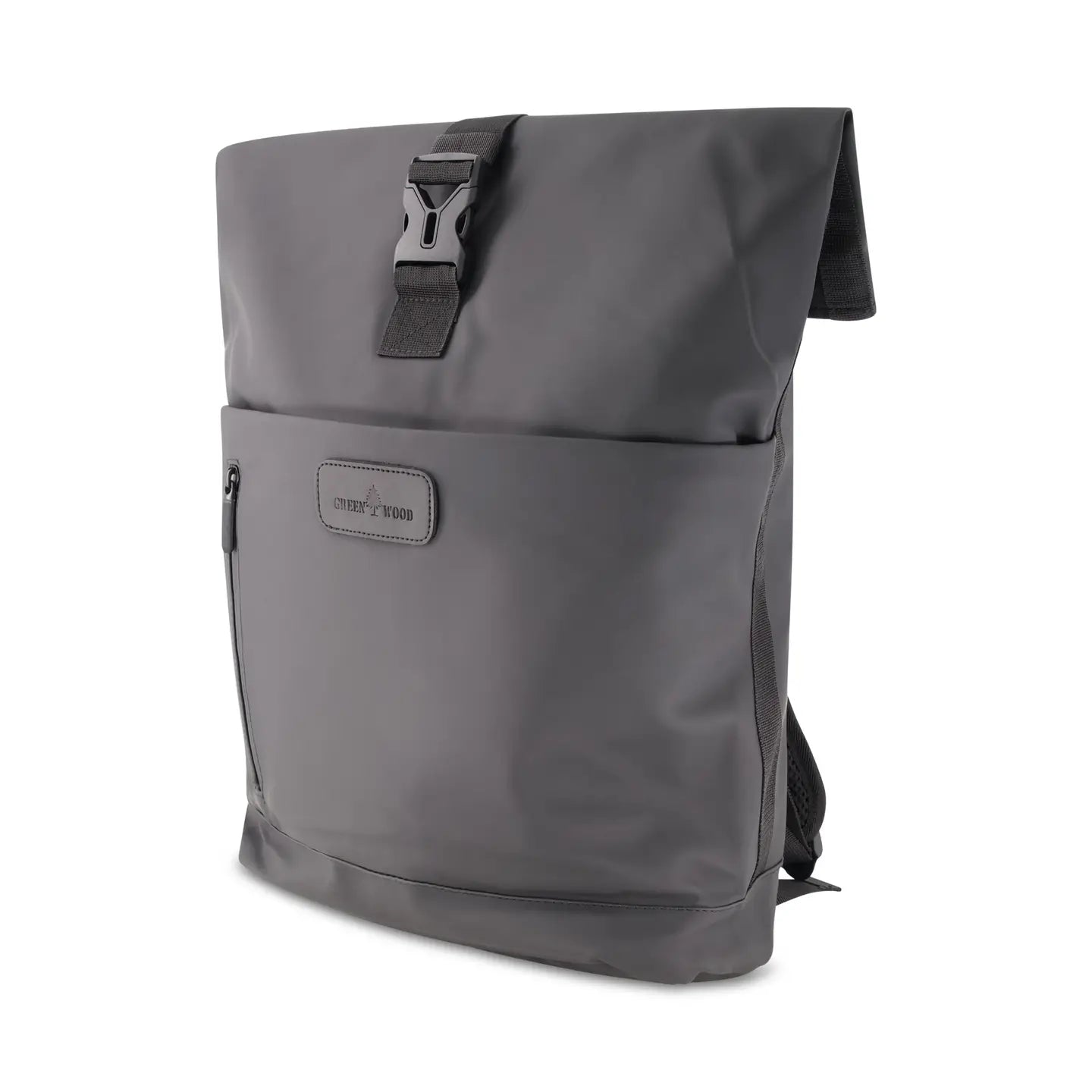 Black roll-top backpack shown rolled closed