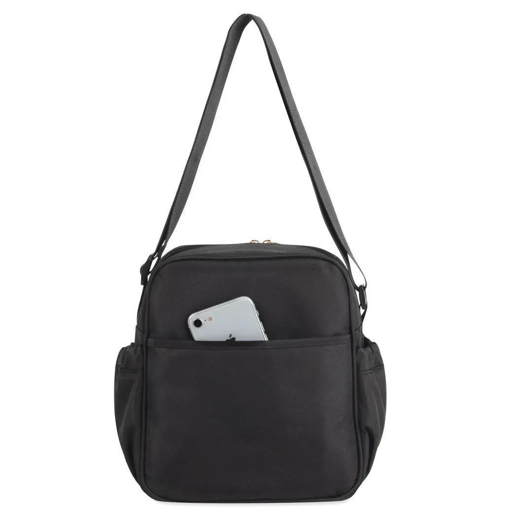 Rear pocket detail of the black quilted cooler bottle bag