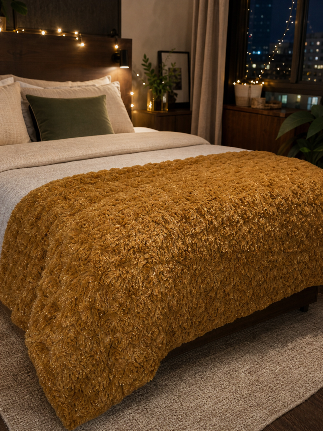 Caramel rosette sherpa blanket folded at the foot of a bed