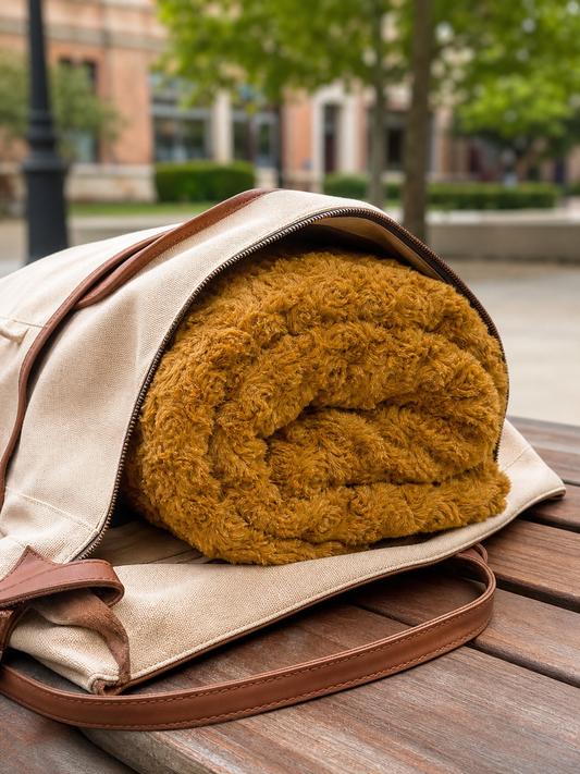 Caramel sherpa blanket rolled into a travel tote