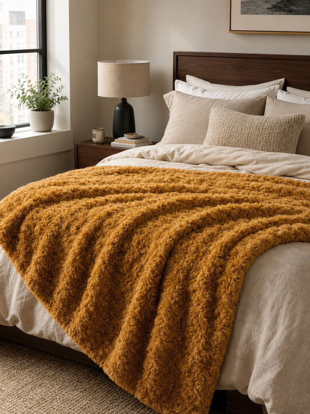 Caramel sherpa blanket layered over bedding on a made bed