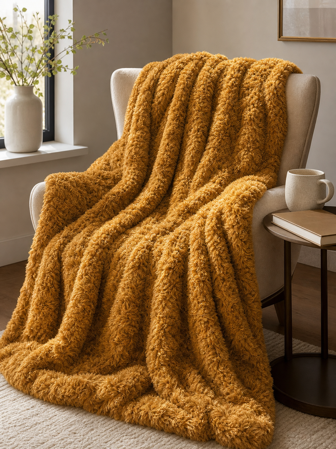 Caramel sherpa blanket draped in a reading nook