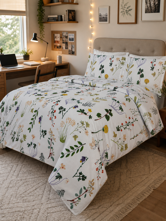Wildflower floral Queen duvet cover set made up on a bed