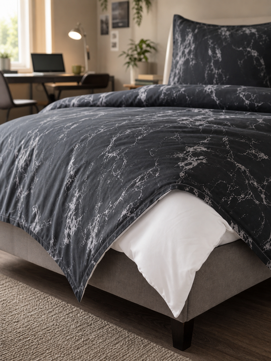 Marble duvet cover partly open showing the duvet insert inside