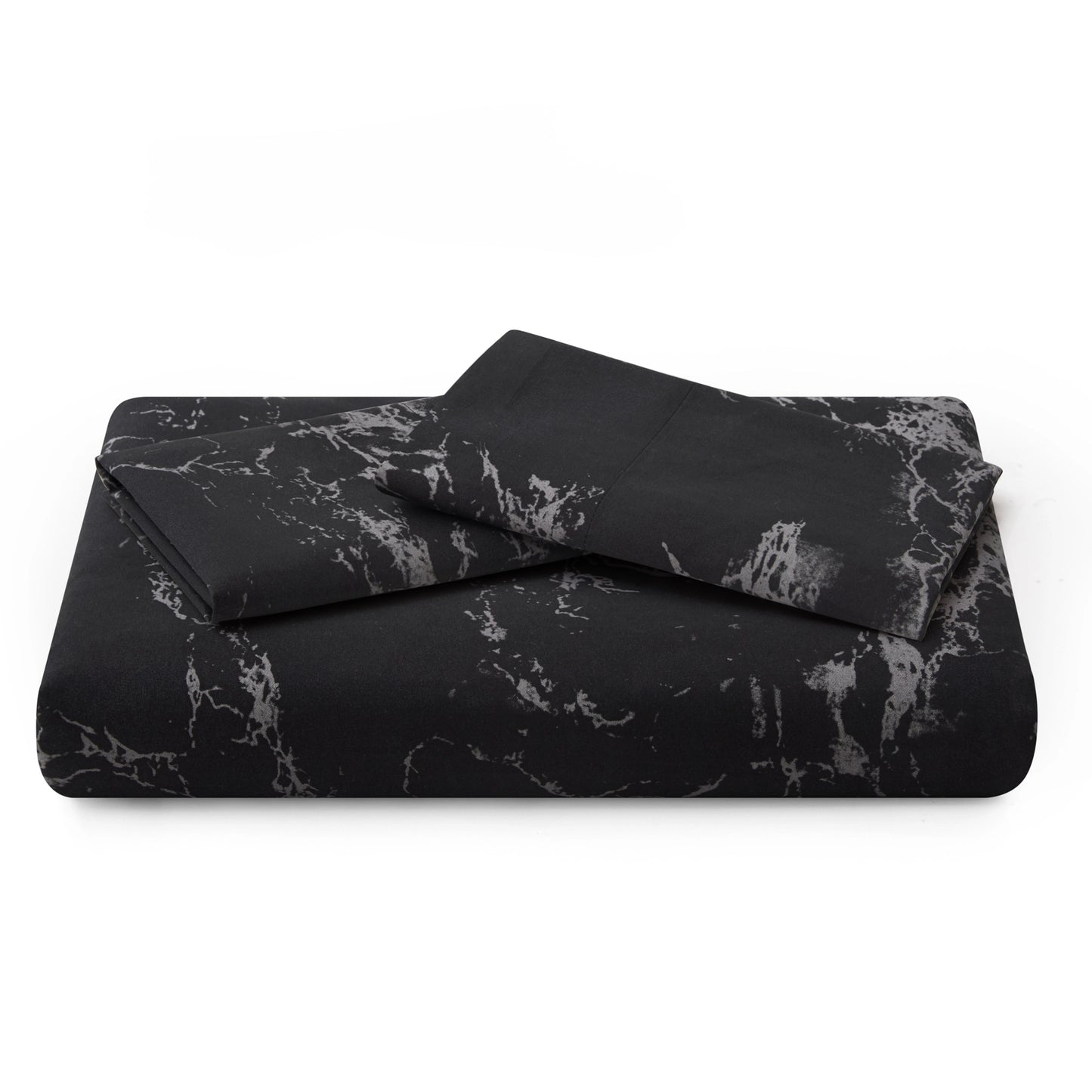 Close-up of the black marble gradient print on the duvet cover