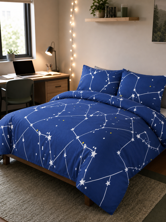 Navy galaxy star constellation Queen duvet cover set made up on a bed