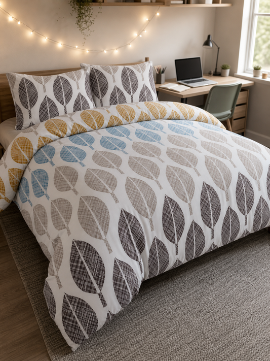 Leaf pattern Queen duvet cover set made up on a bed