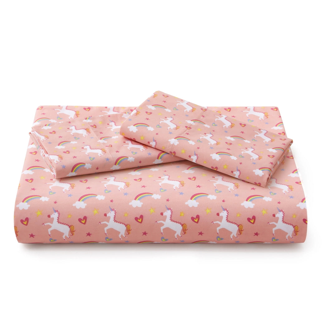 Close-up of the pink unicorn print on the duvet cover