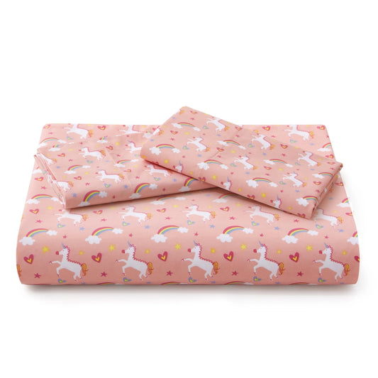 Close-up of the pink unicorn print on the duvet cover