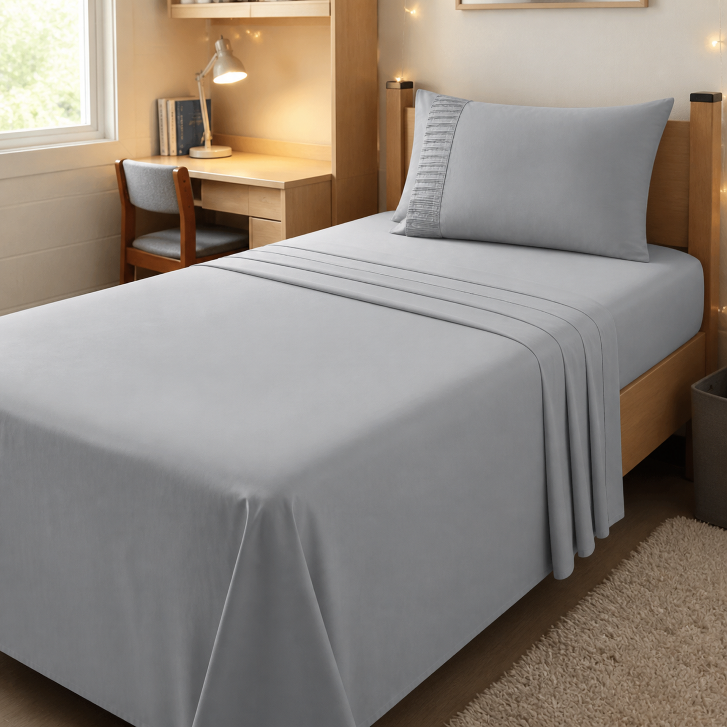 Grey 4-piece Twin XL sheet set made up on a university residence bed